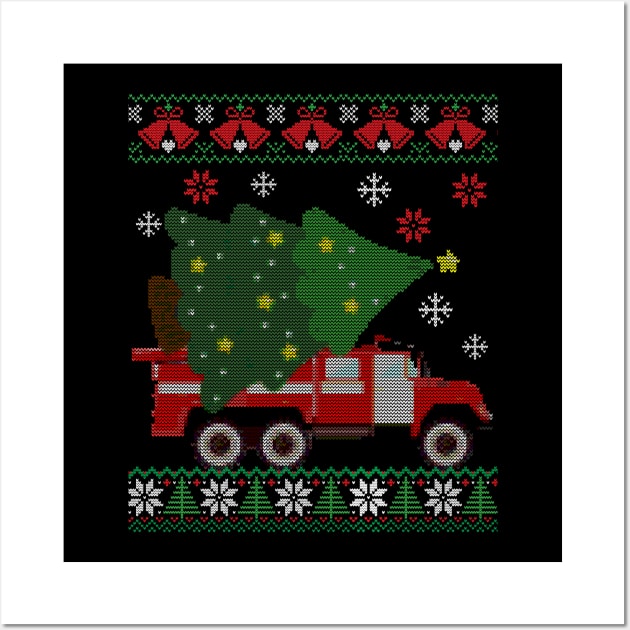 Xmas Firefighter Ugly Sweater Style Funny Xmas Gift Wall Art by Essinet